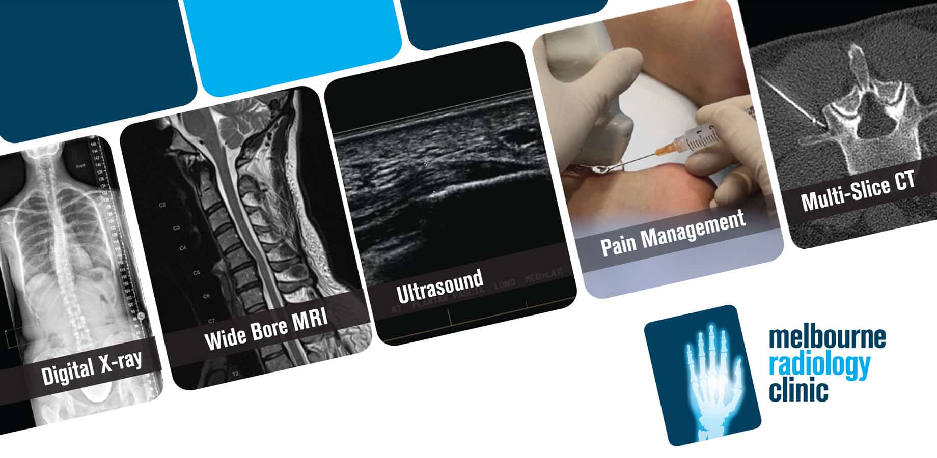 images of digital x-ray, MRI, ultrasound, pain management, and multi-slice CT