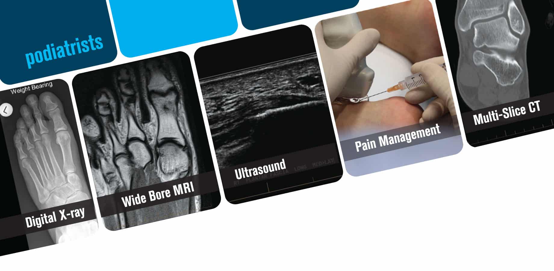 sample images of digital x-ray, MRI, ultrasound, pain management, and multi-slice CT
