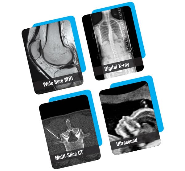sample scans each of wide bore MRI, digital x-ray, multi-slice CT, and ultrasound